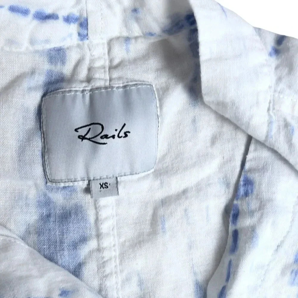 Rails Thea Blouse Cloud Tie Dye White Blue Linen Tied Front Revolve XS MSRP $148 - Picture 8 of 9